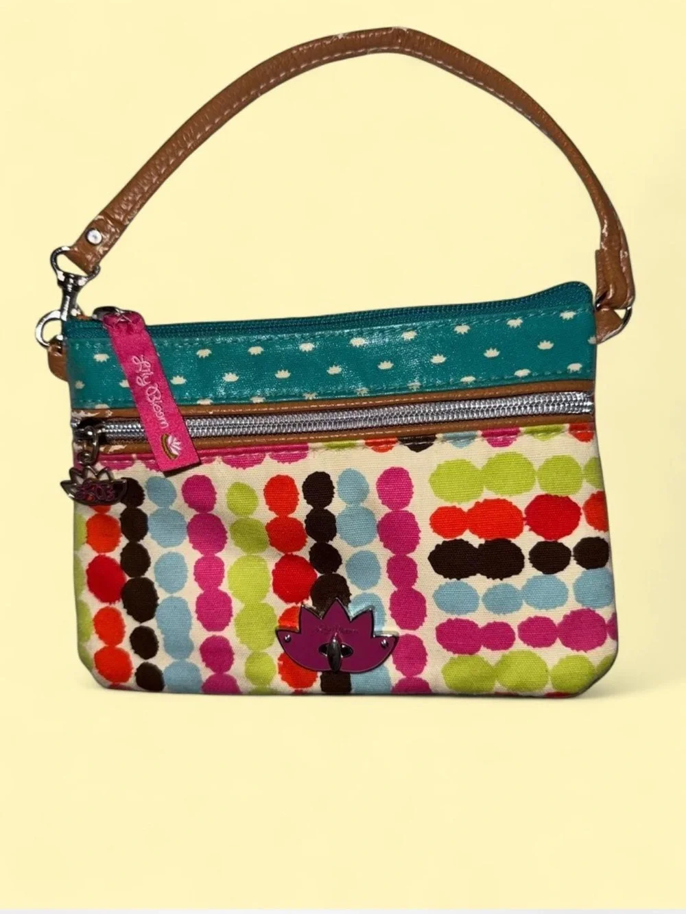 Vintage Y2K Lily Bloom Teal Top Multicolor Dot Wristlet with Tan Strap